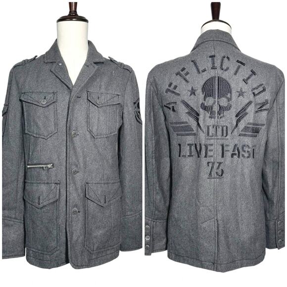 Affliction | Men | Charcoal Gray Wool Blend Embroidered Military Jacket | Large - Picture 1 of 16